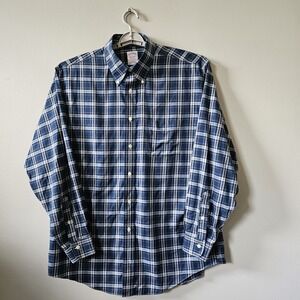 Brooks Brothers Madison Mens Size Large Blue Plaid Long Sleeve Button Down Shirt